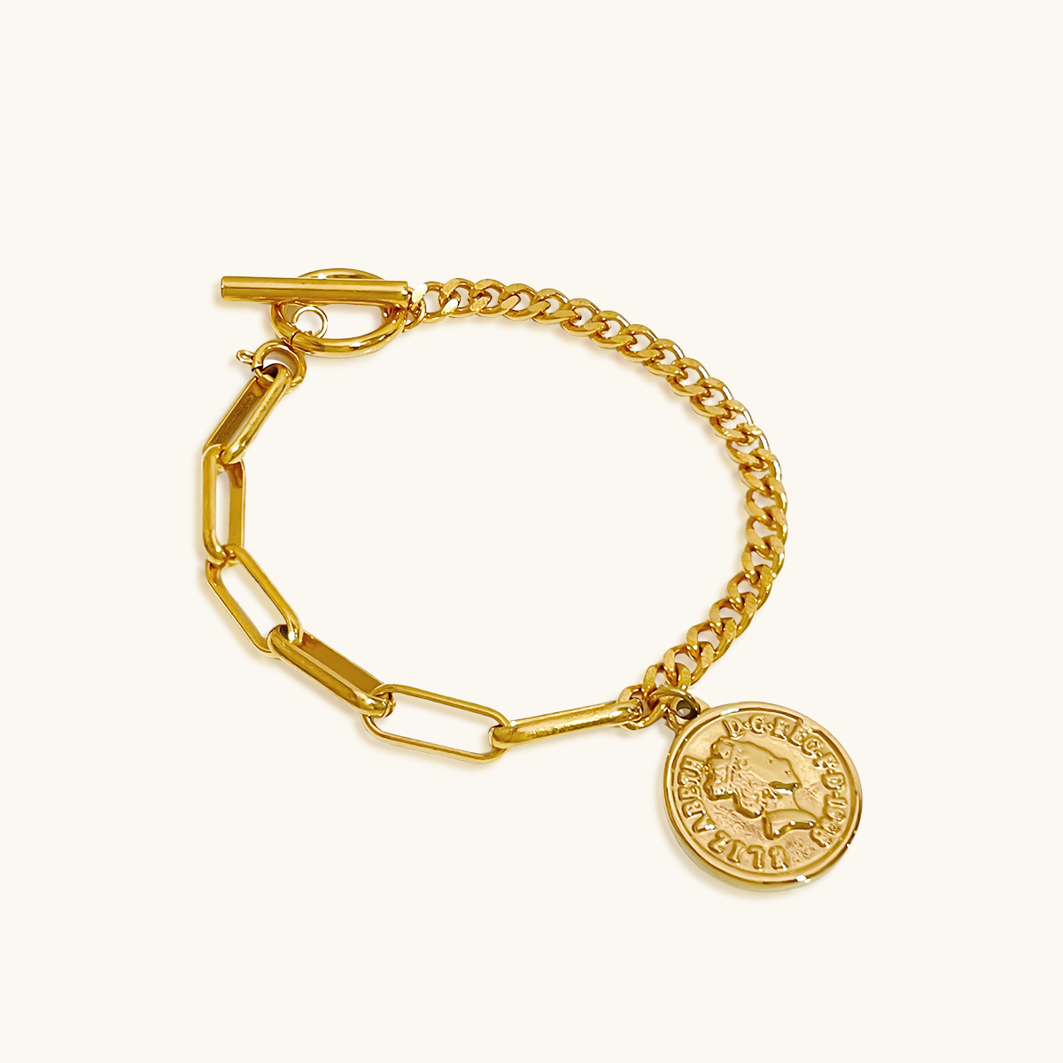 Bracciale con ciondolo a catena a contrasto con monete - Oro 