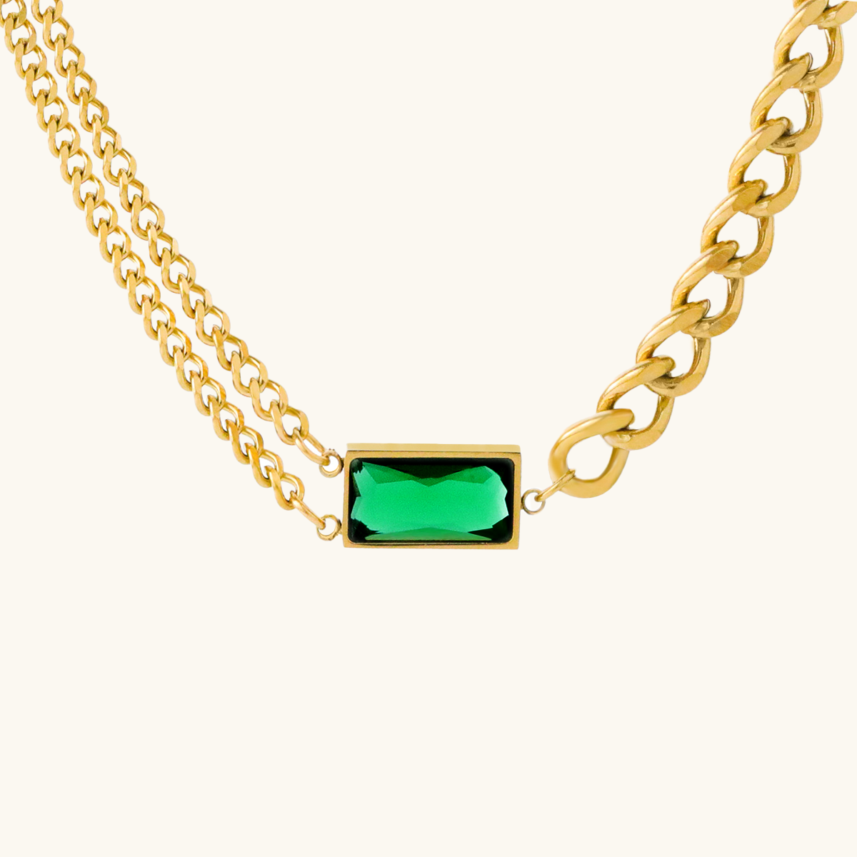 Double Chain Cuban Emerald Necklace - Gold