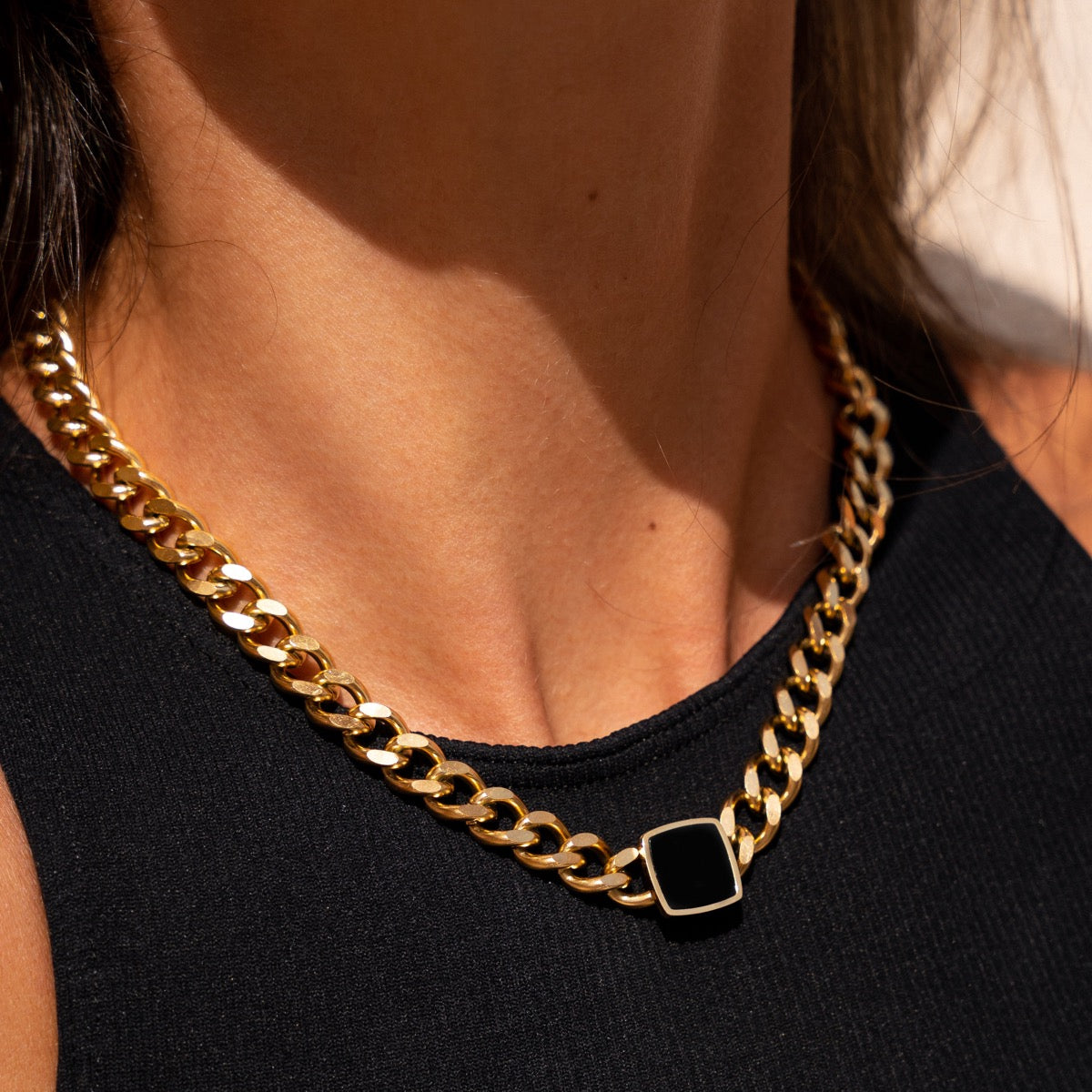 Onyx Square Pendant Cuban Chain - Gold